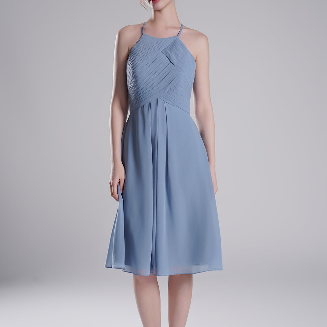 Halter Neckline Pleated Bodice Open Back Mini Dresses