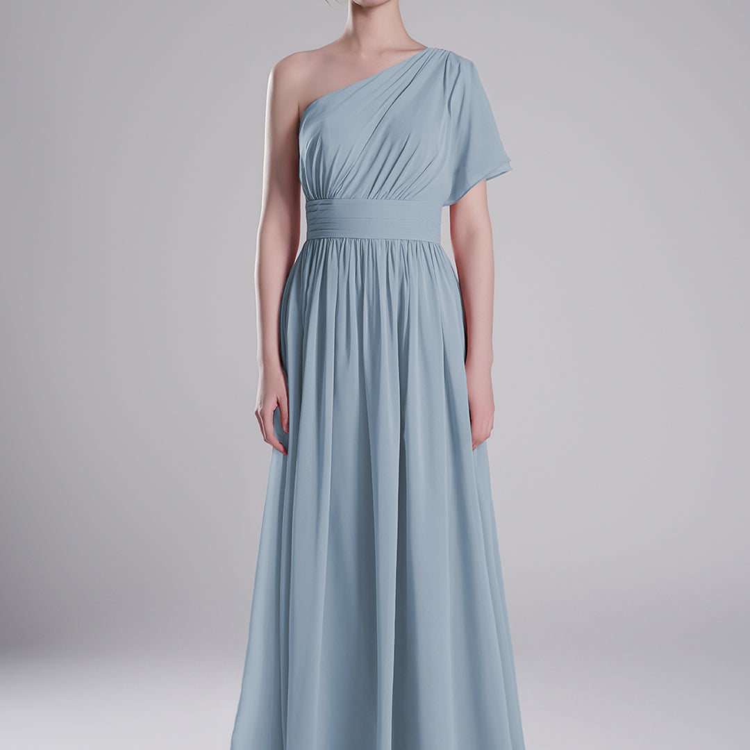 One-Shoulder Pleated Waist Flowing A-Line Dresses