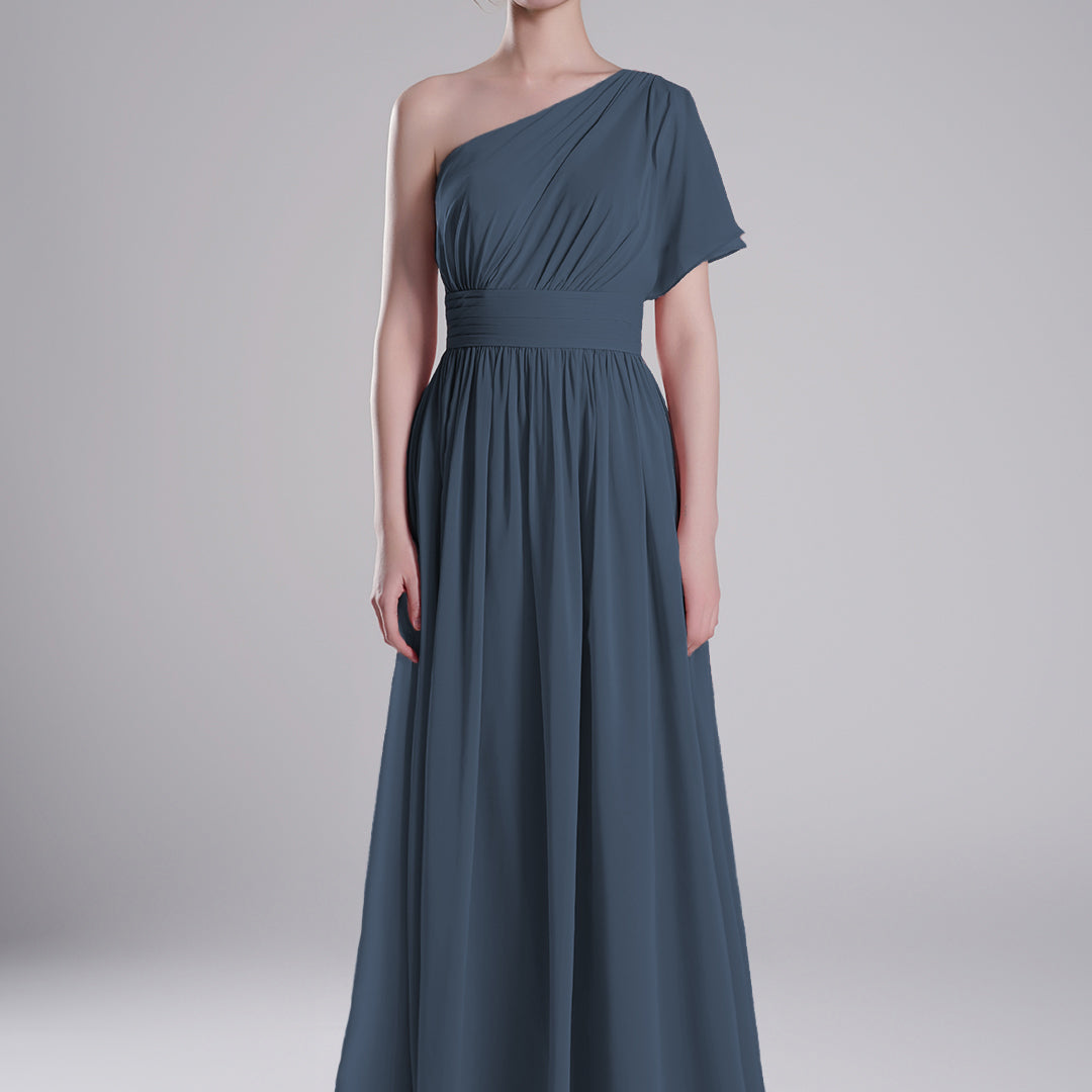 One-Shoulder Pleated Waist Flowing A-Line Dresses