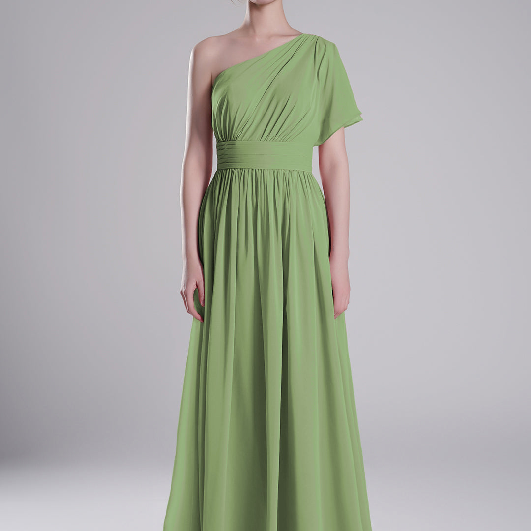 One-Shoulder Pleated Waist Flowing A-Line Dresses
