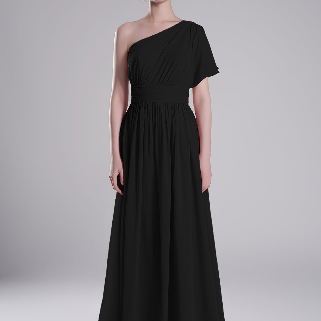 One-Shoulder Pleated Waist Flowing A-Line Dresses