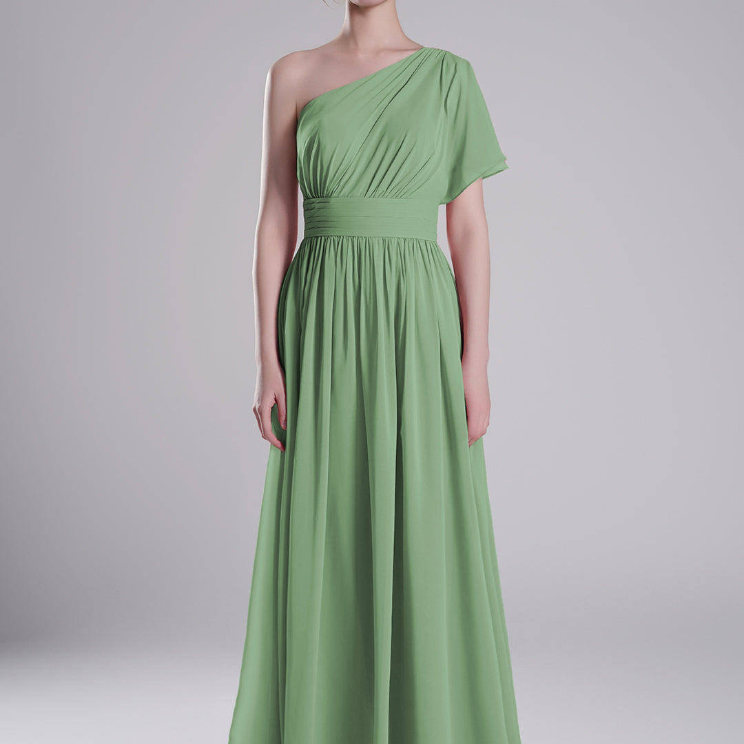 One-Shoulder Pleated Waist Flowing A-Line Dresses
