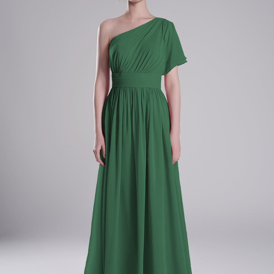 One-Shoulder Pleated Waist Flowing A-Line Dresses