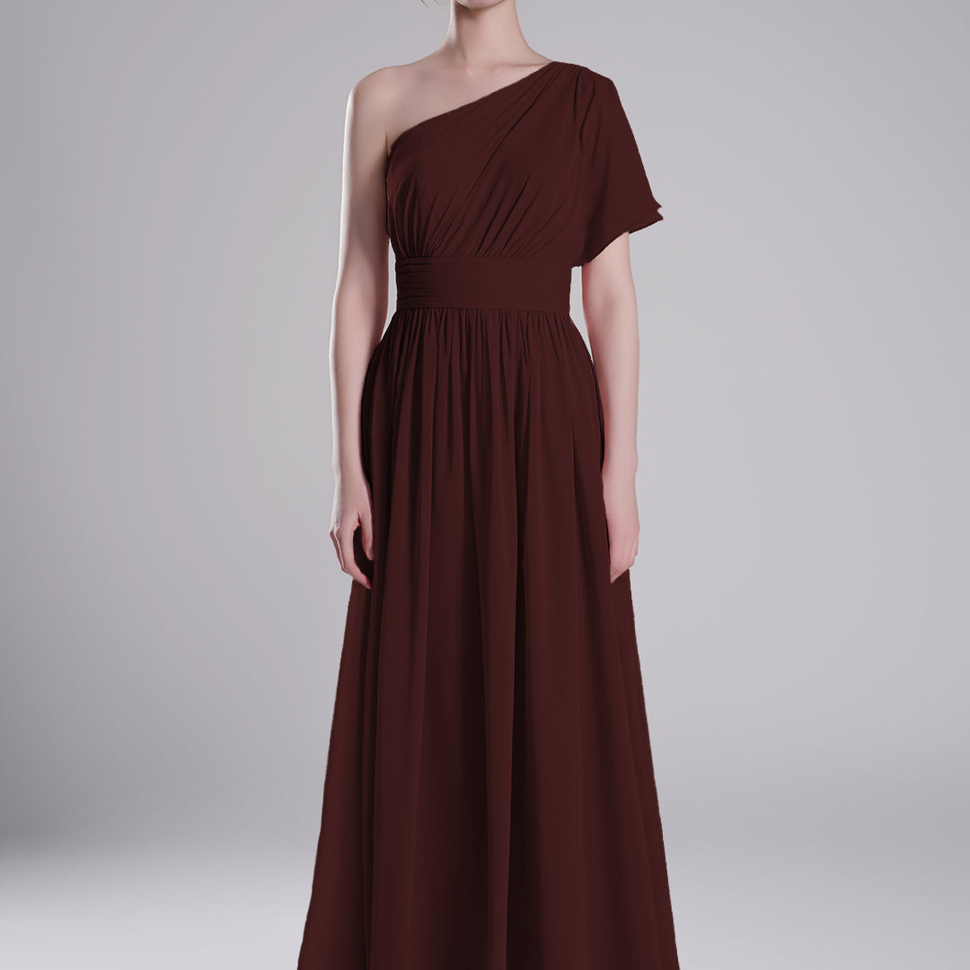 One-Shoulder Pleated Waist Flowing A-Line Dresses