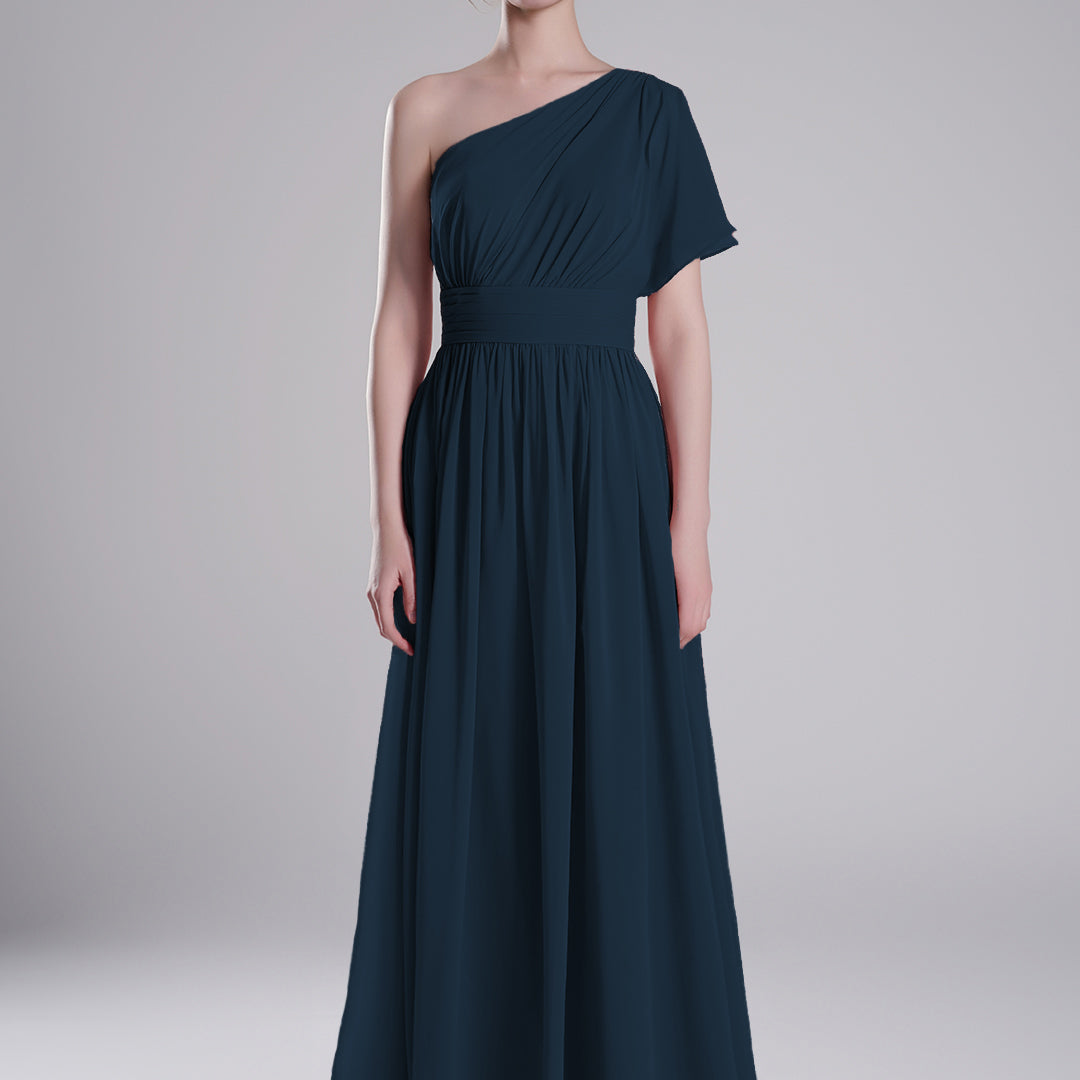 One-Shoulder Pleated Waist Flowing A-Line Dresses