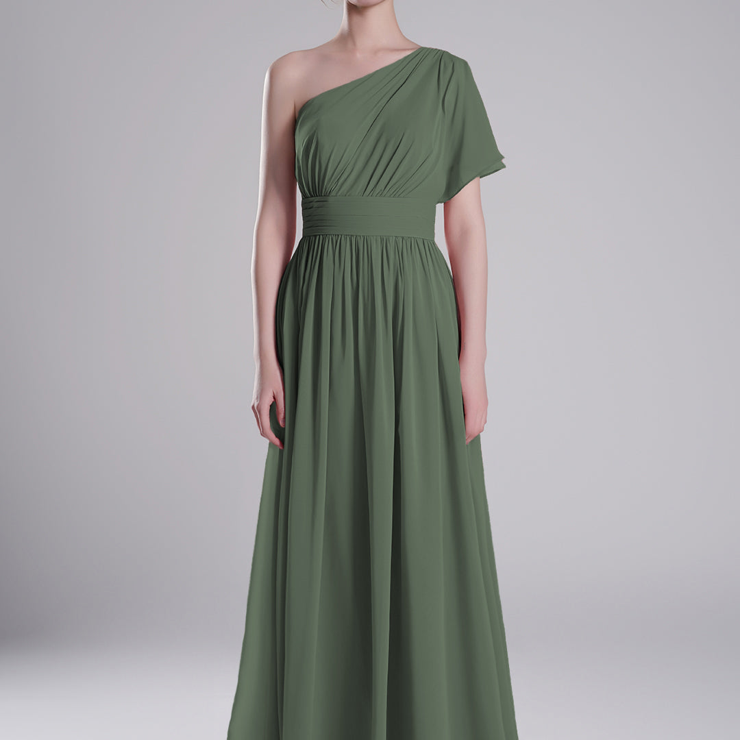 One-Shoulder Pleated Waist Flowing A-Line Dresses