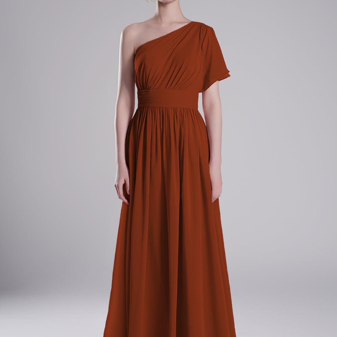 One-Shoulder Pleated Waist Flowing A-Line Dresses