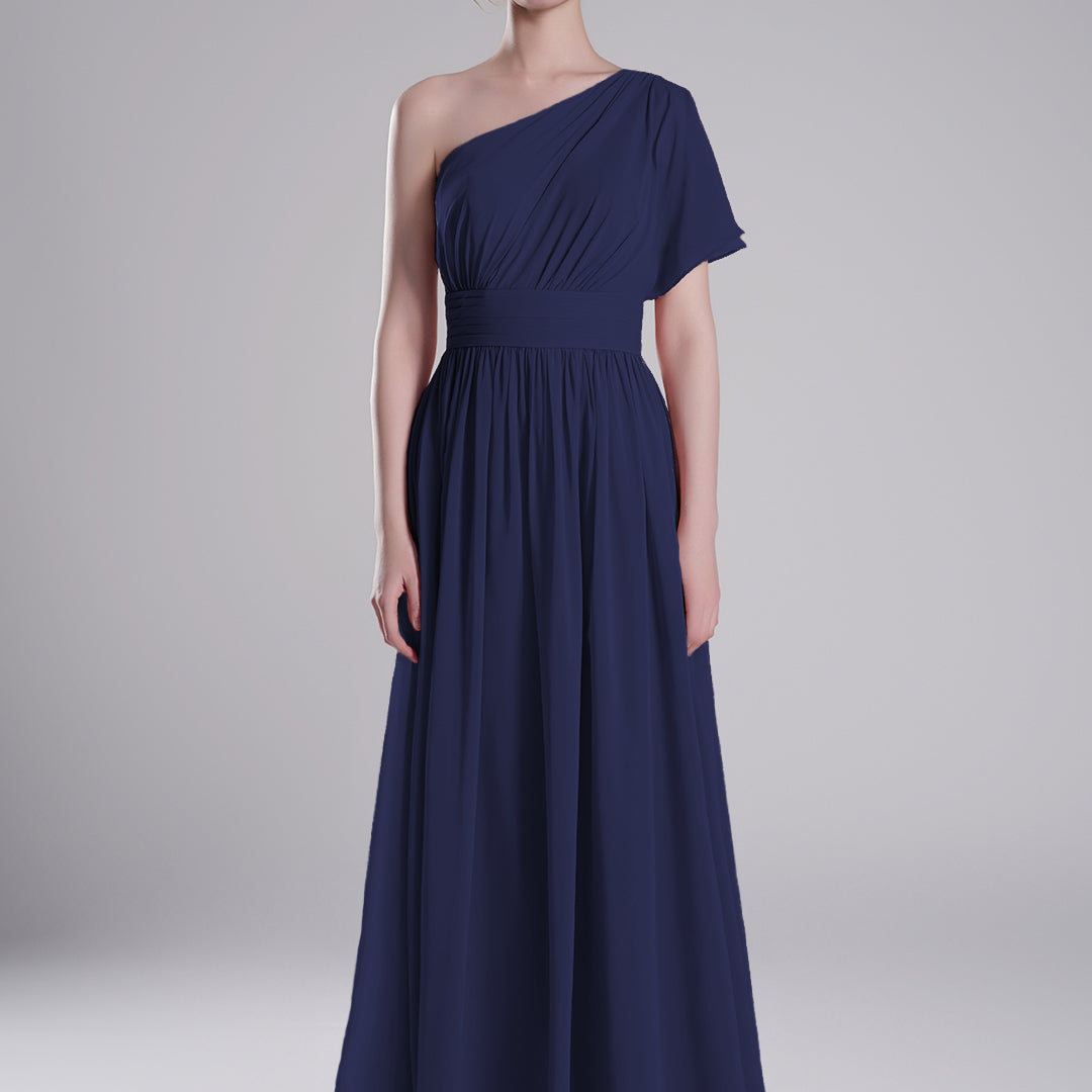 One-Shoulder Pleated Waist Flowing A-Line Dresses