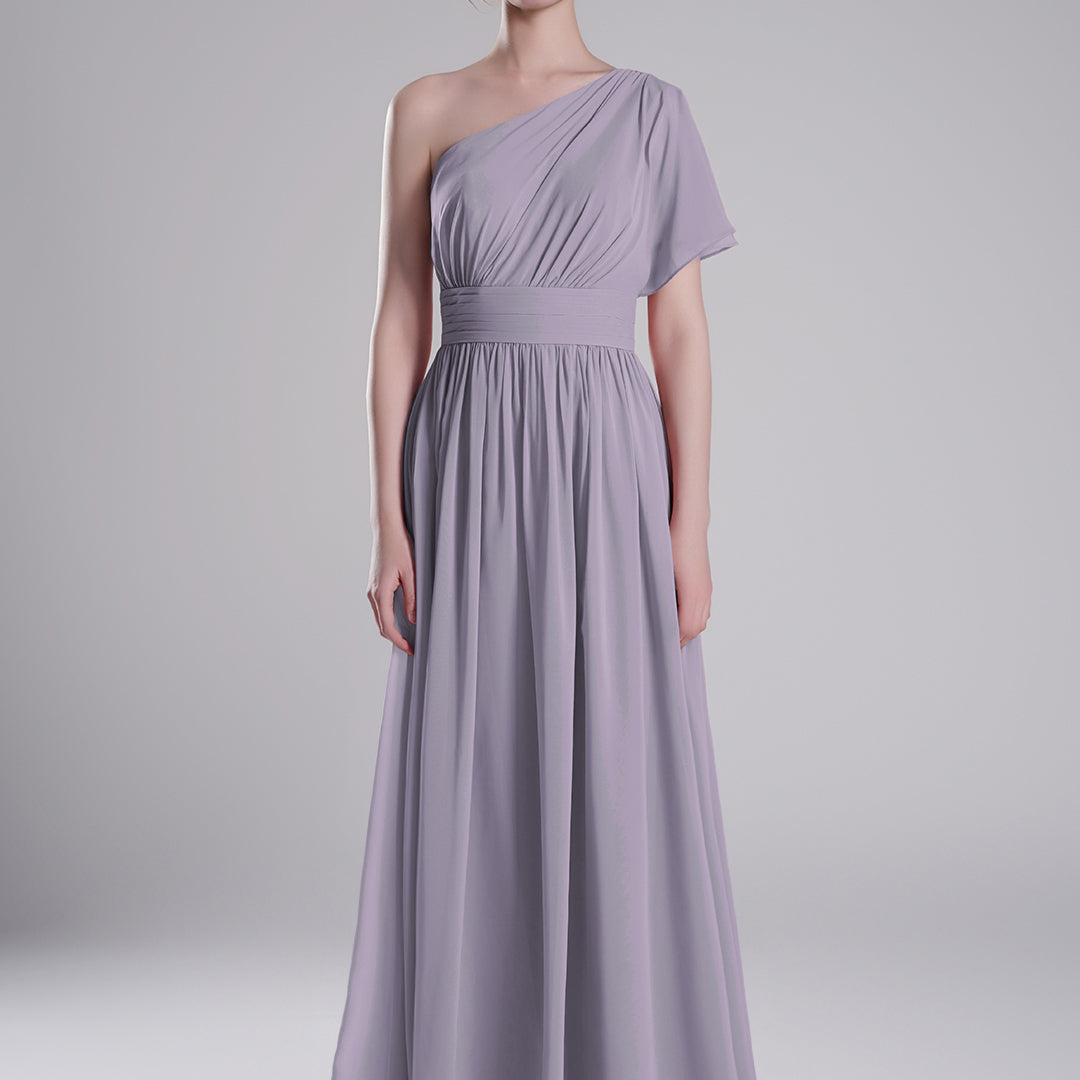 One-Shoulder Pleated Waist Flowing A-Line Dresses