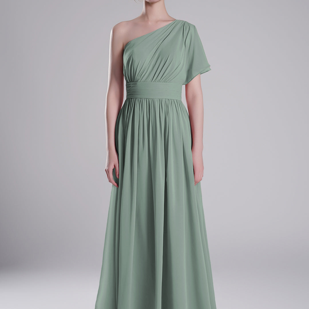 One-Shoulder Pleated Waist Flowing A-Line Dresses