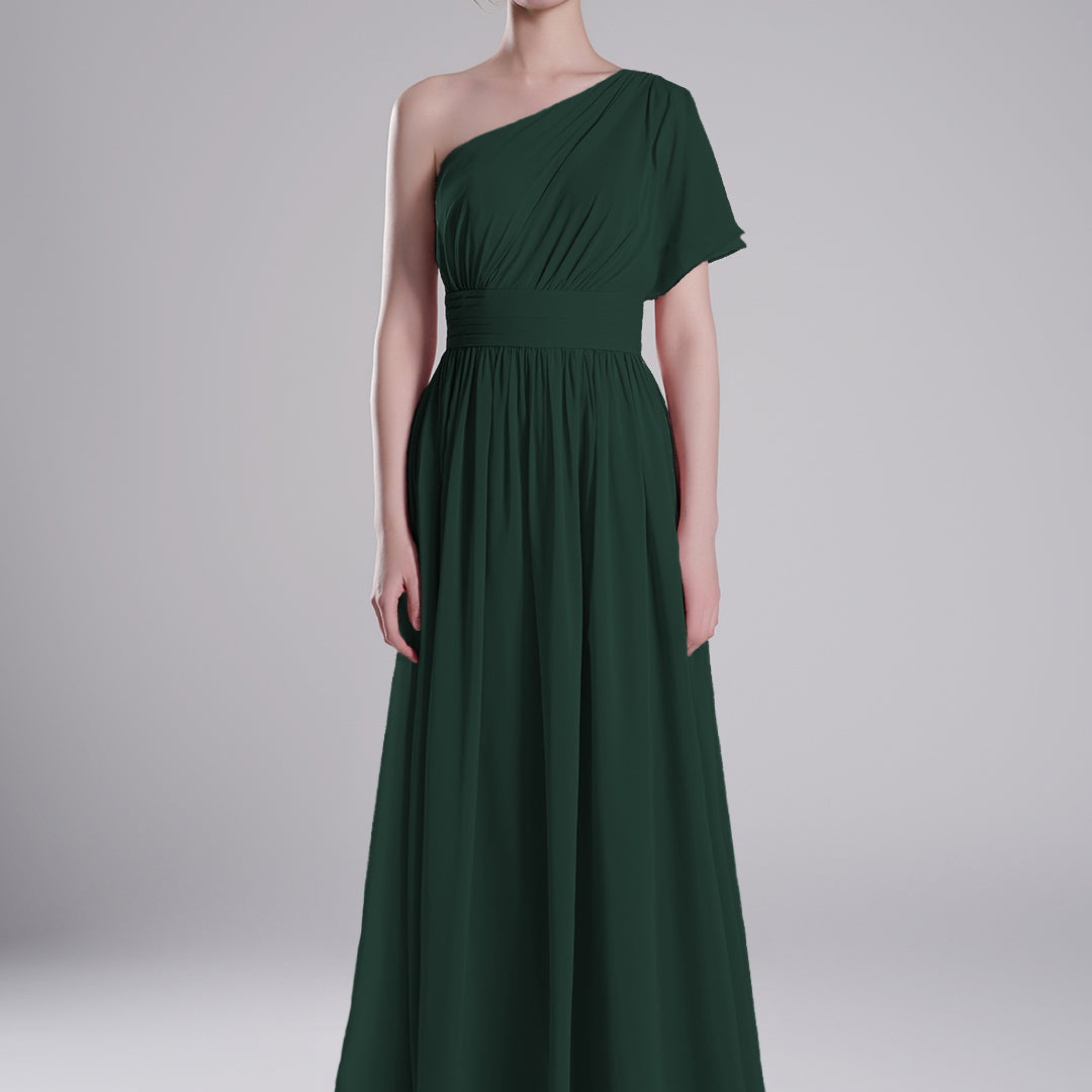 One-Shoulder Pleated Waist Flowing A-Line Dresses