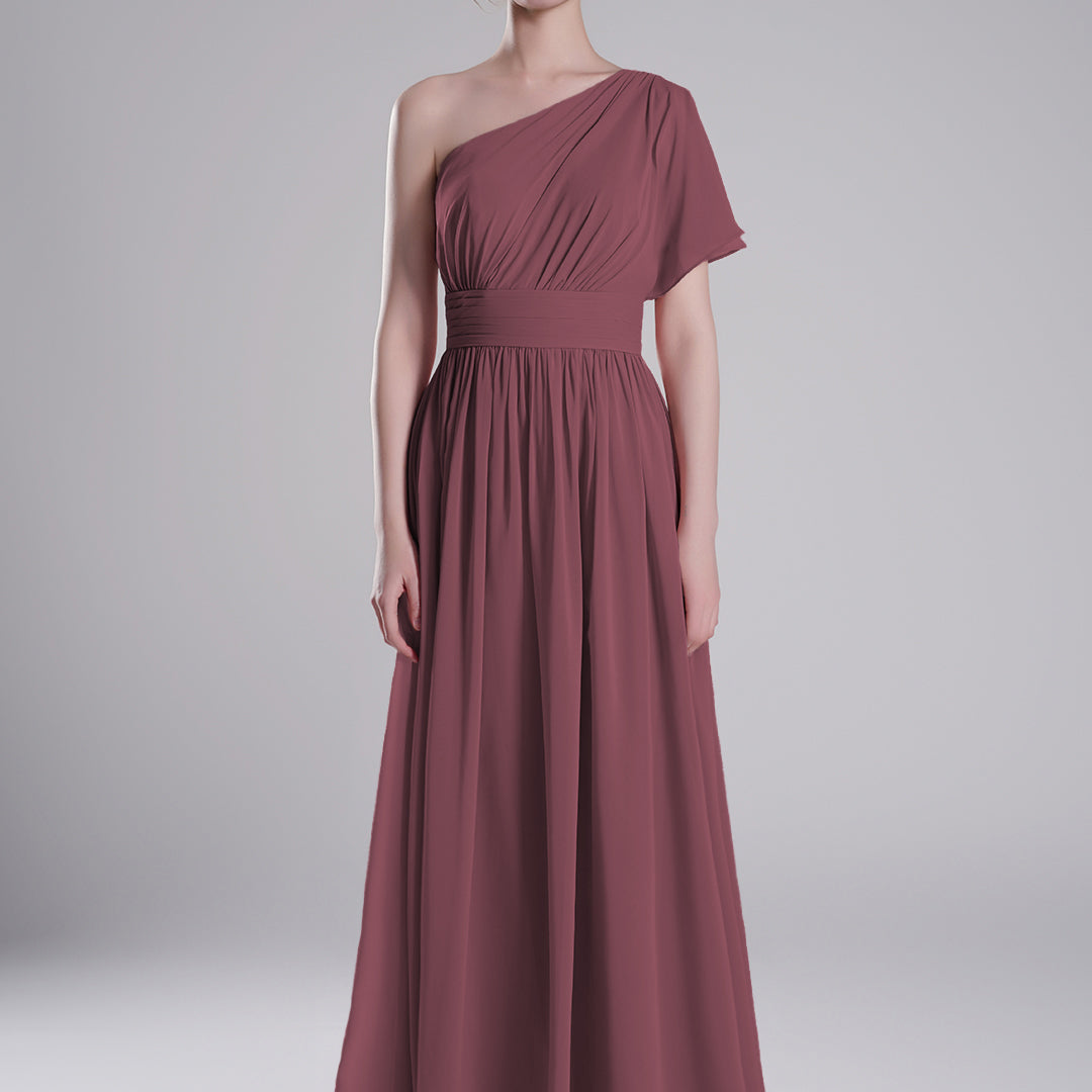 One-Shoulder Pleated Waist Flowing A-Line Dresses