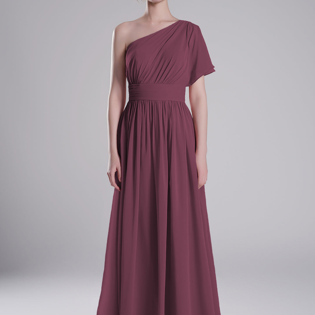 One-Shoulder Pleated Waist Flowing A-Line Dresses