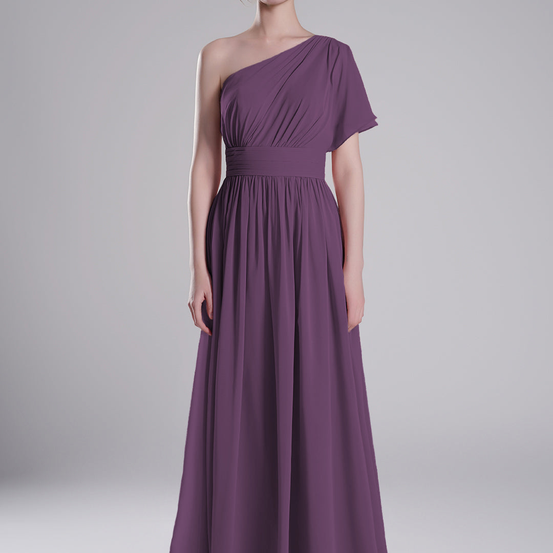 One-Shoulder Pleated Waist Flowing A-Line Dresses