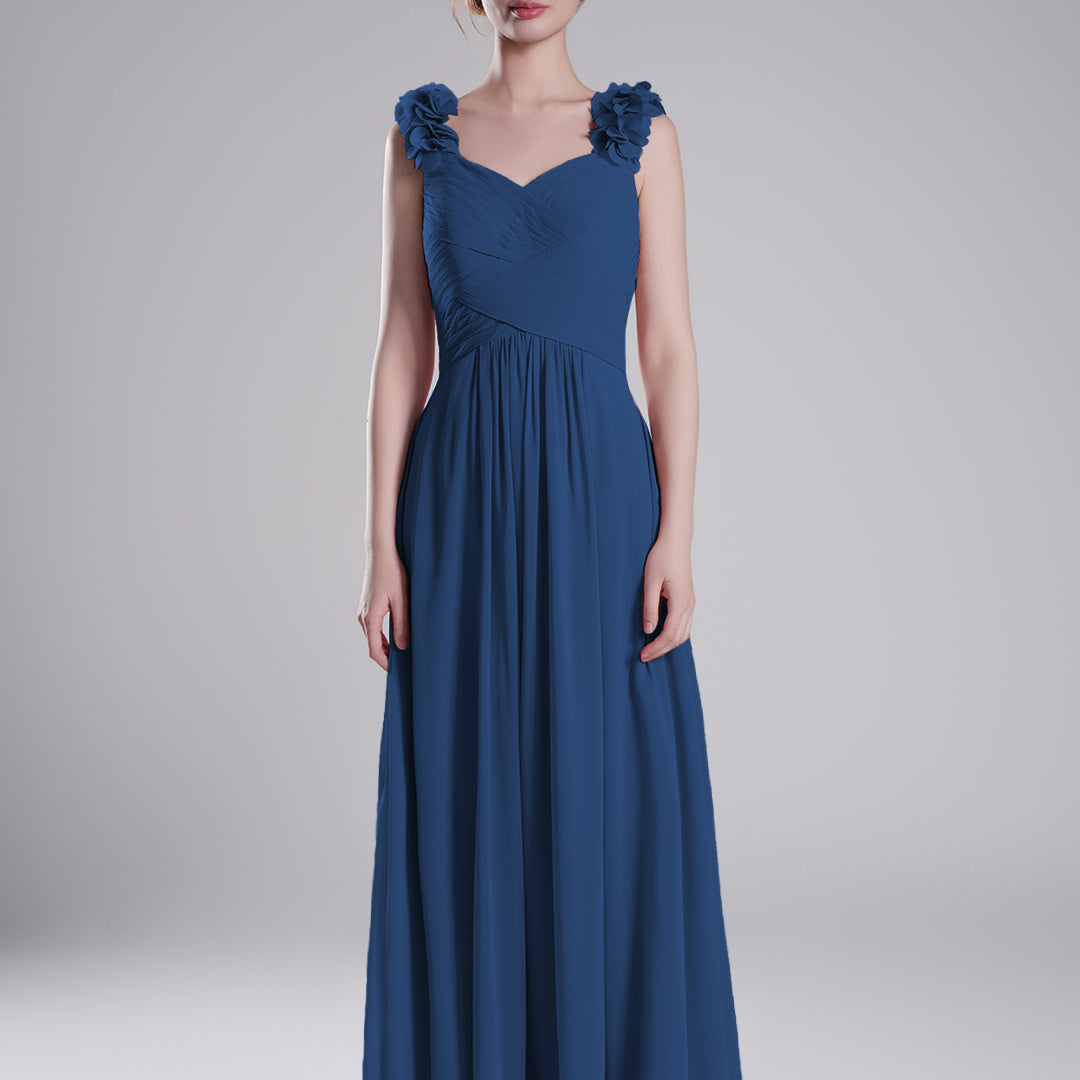 3D Floral Straps Pleated Flowing A-Line Dresses