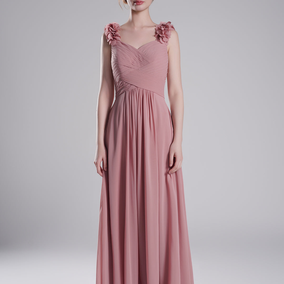 3D Floral Straps Pleated Flowing A-Line Dresses