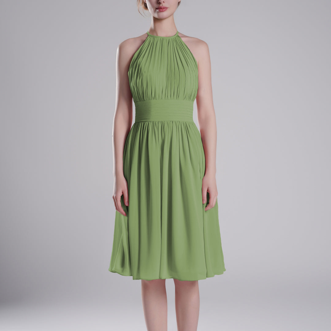 Pleated Halter-Neck Sleeveless Mini Dresses