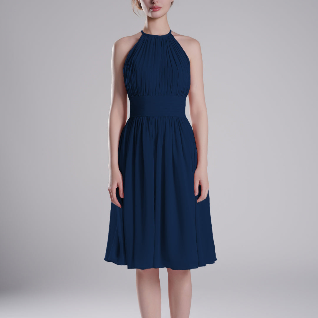 Pleated Halter-Neck Sleeveless Mini Dresses