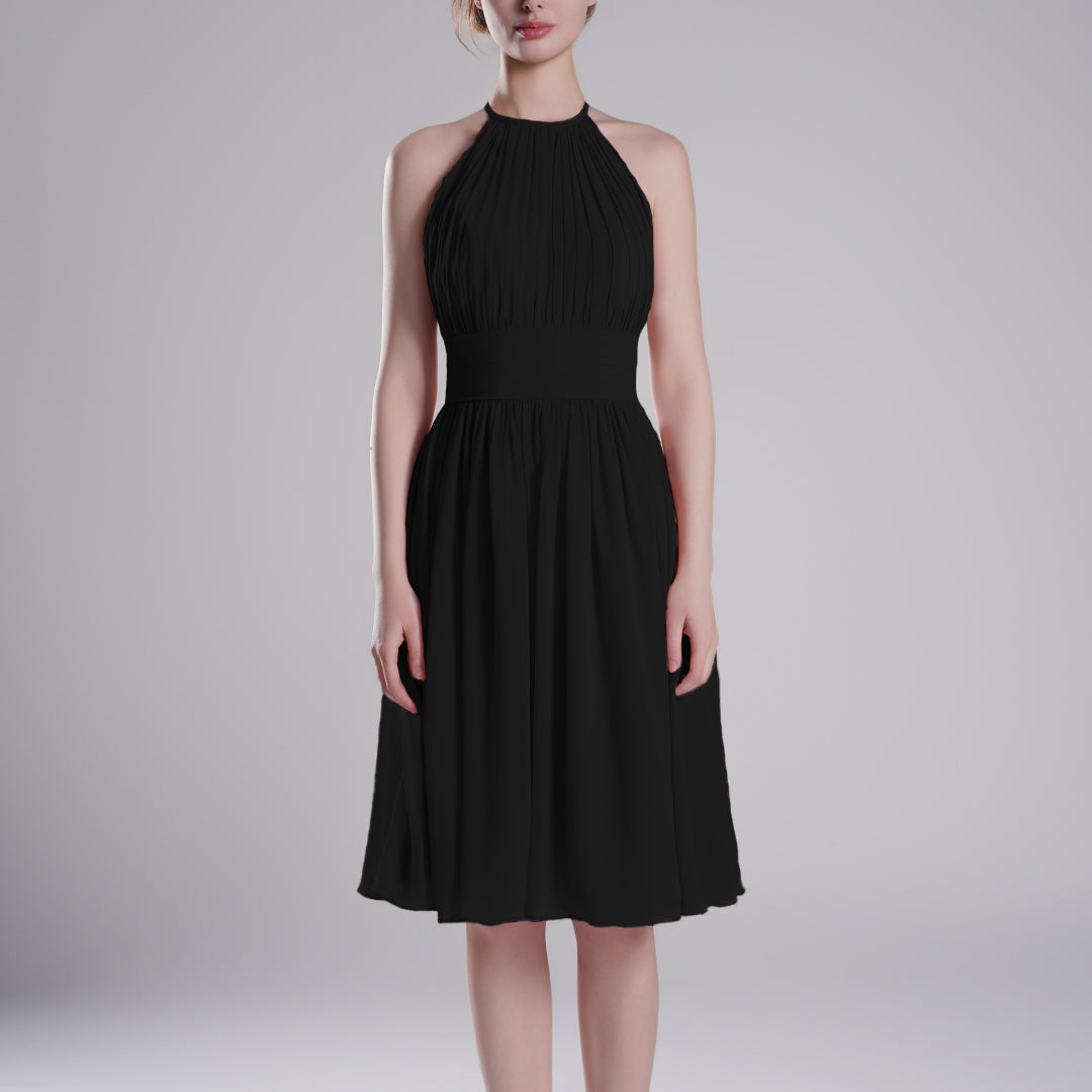 Pleated Halter-Neck Sleeveless Mini Dresses