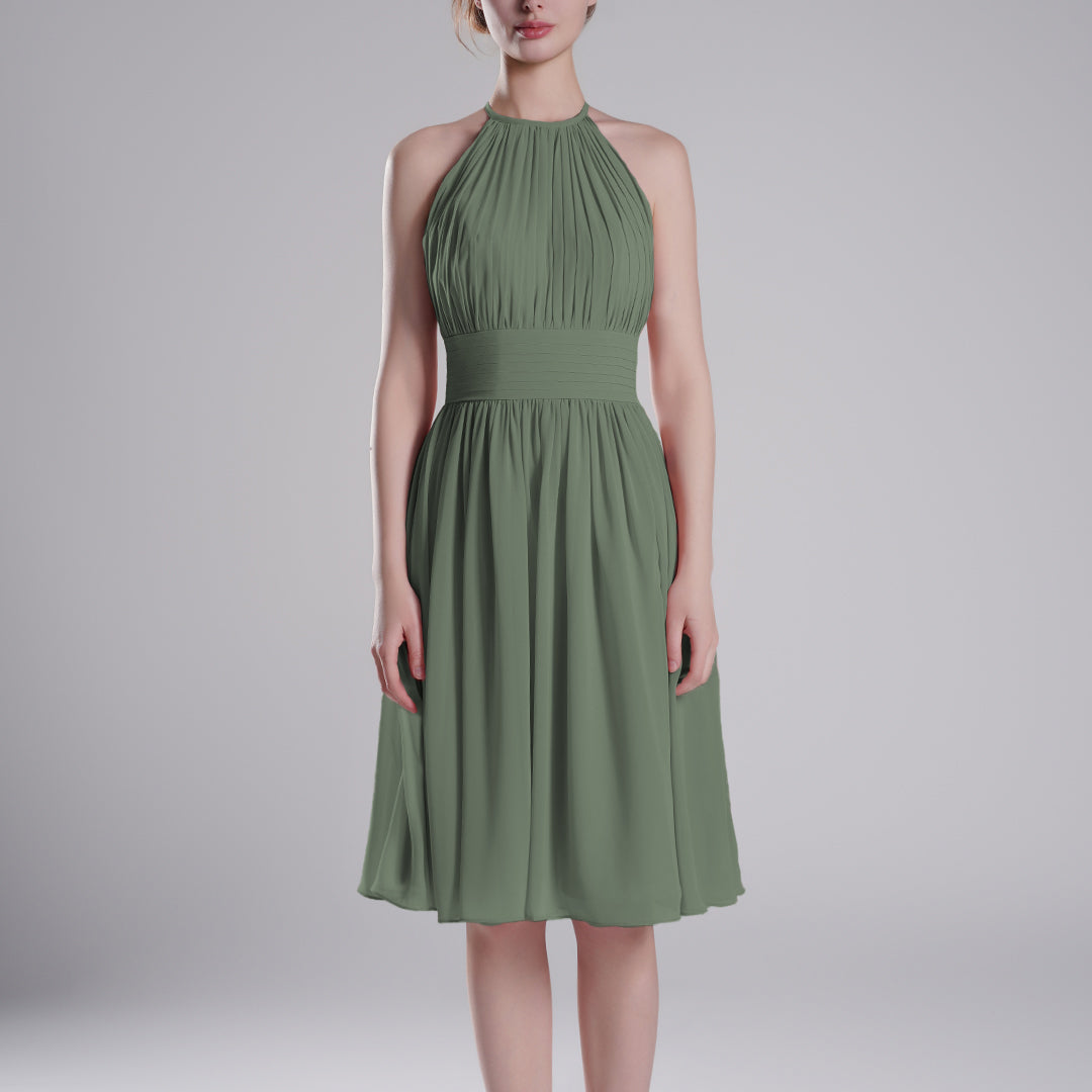 Pleated Halter-Neck Sleeveless Mini Dresses