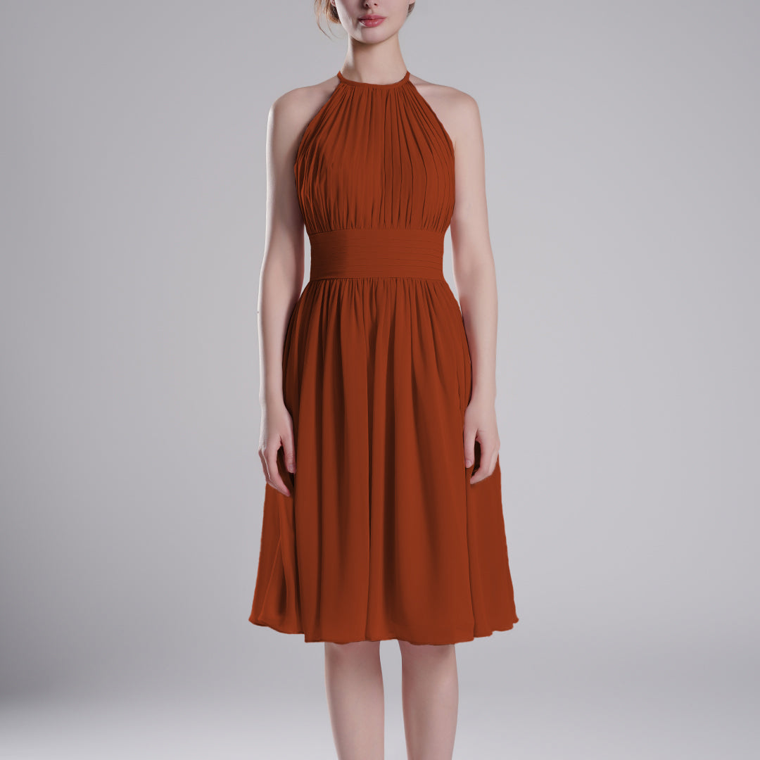 Pleated Halter-Neck Sleeveless Mini Dresses