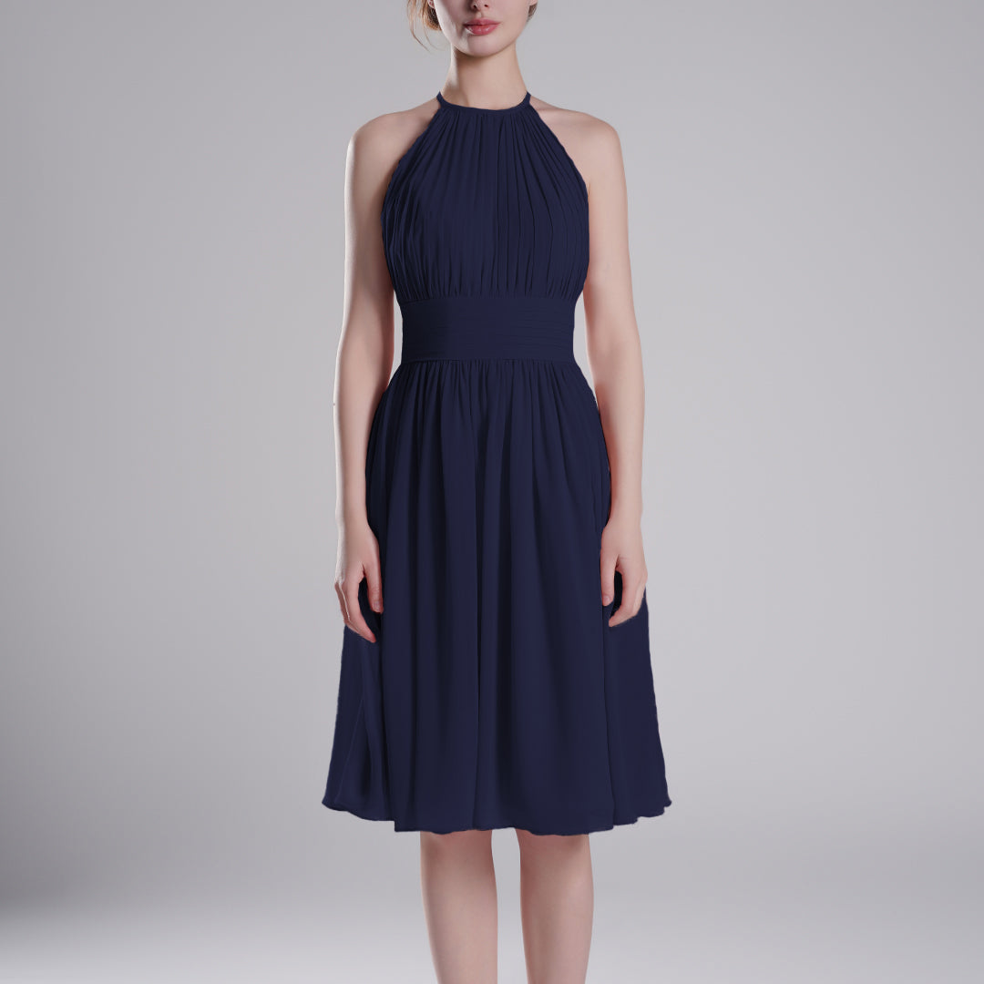 Pleated Halter-Neck Sleeveless Mini Dresses
