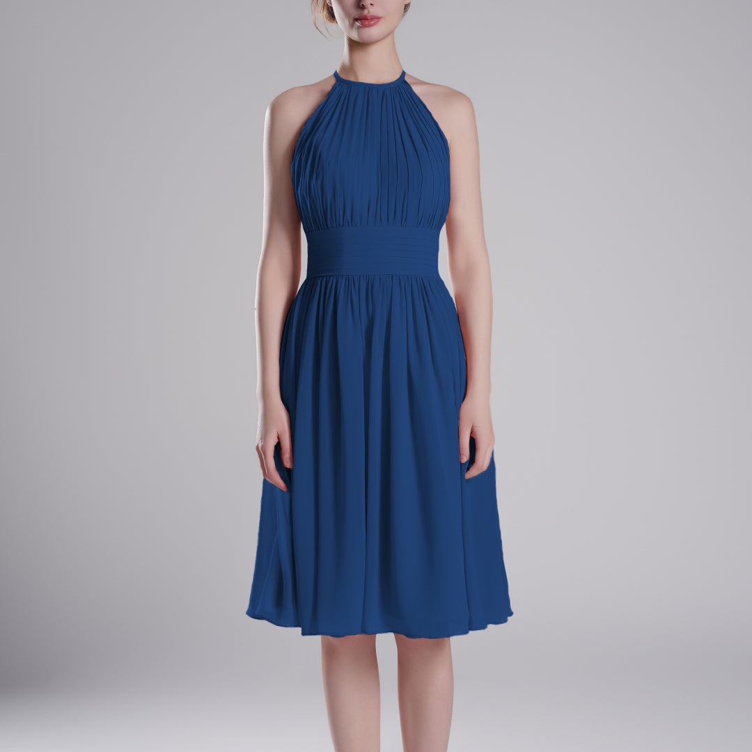 Pleated Halter-Neck Sleeveless Mini Dresses