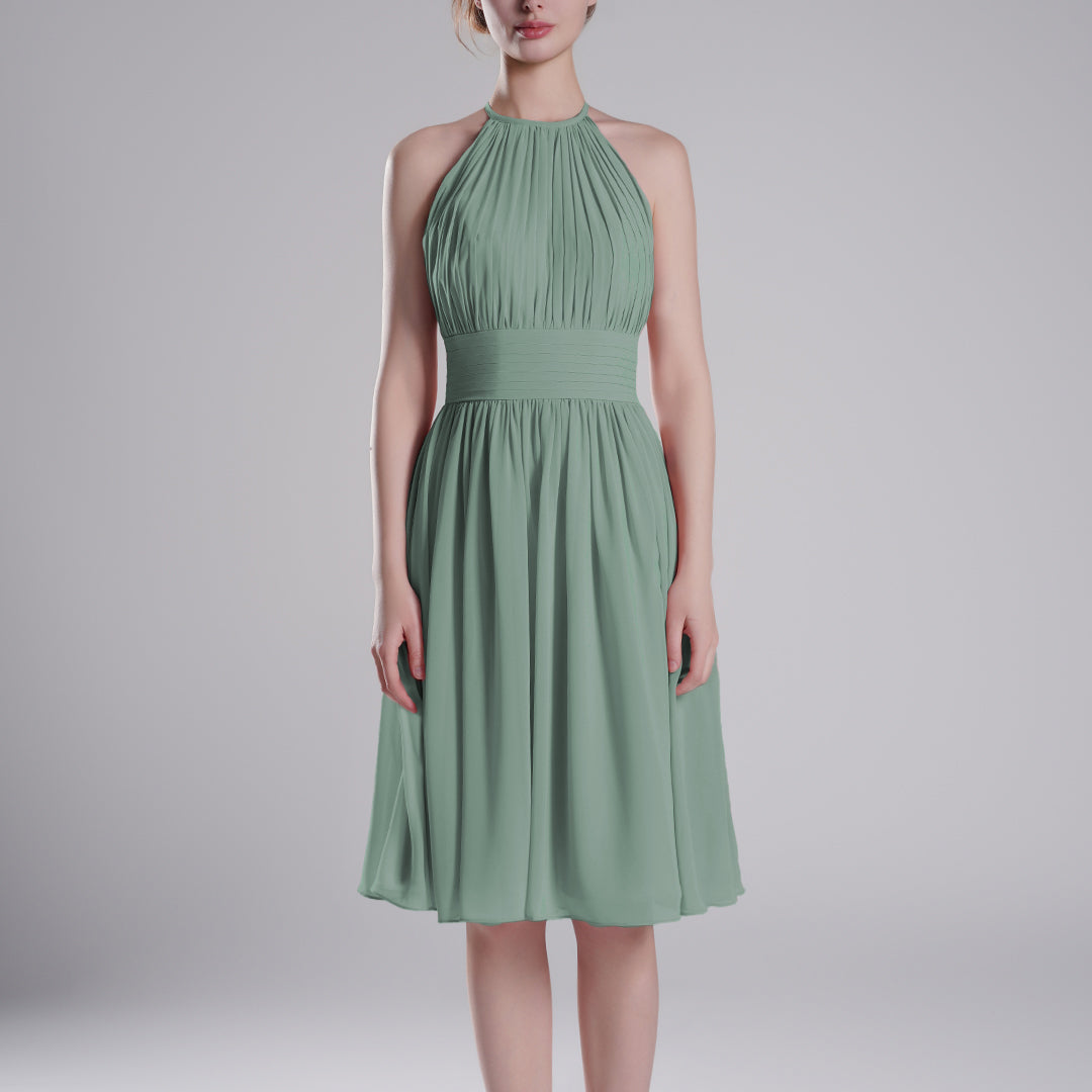 Pleated Halter-Neck Sleeveless Mini Dresses
