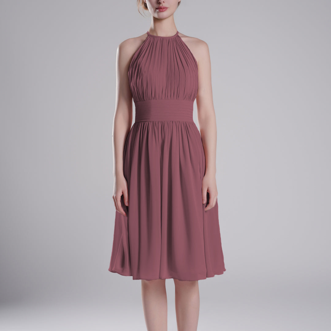 Pleated Halter-Neck Sleeveless Mini Dresses