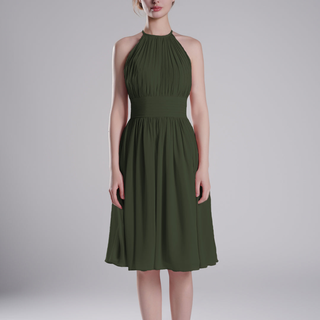 Pleated Halter-Neck Sleeveless Mini Dresses