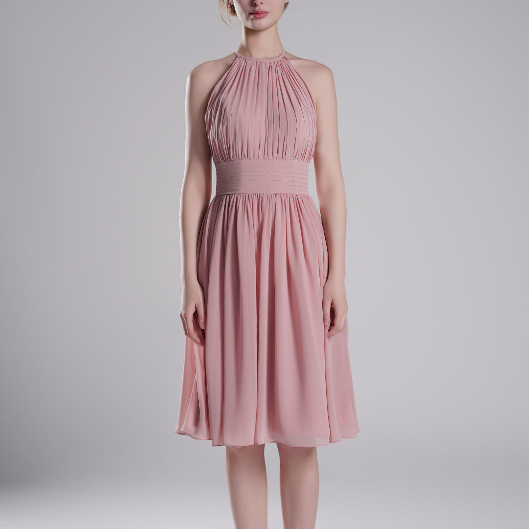 Pleated Halter-Neck Sleeveless Mini Dresses