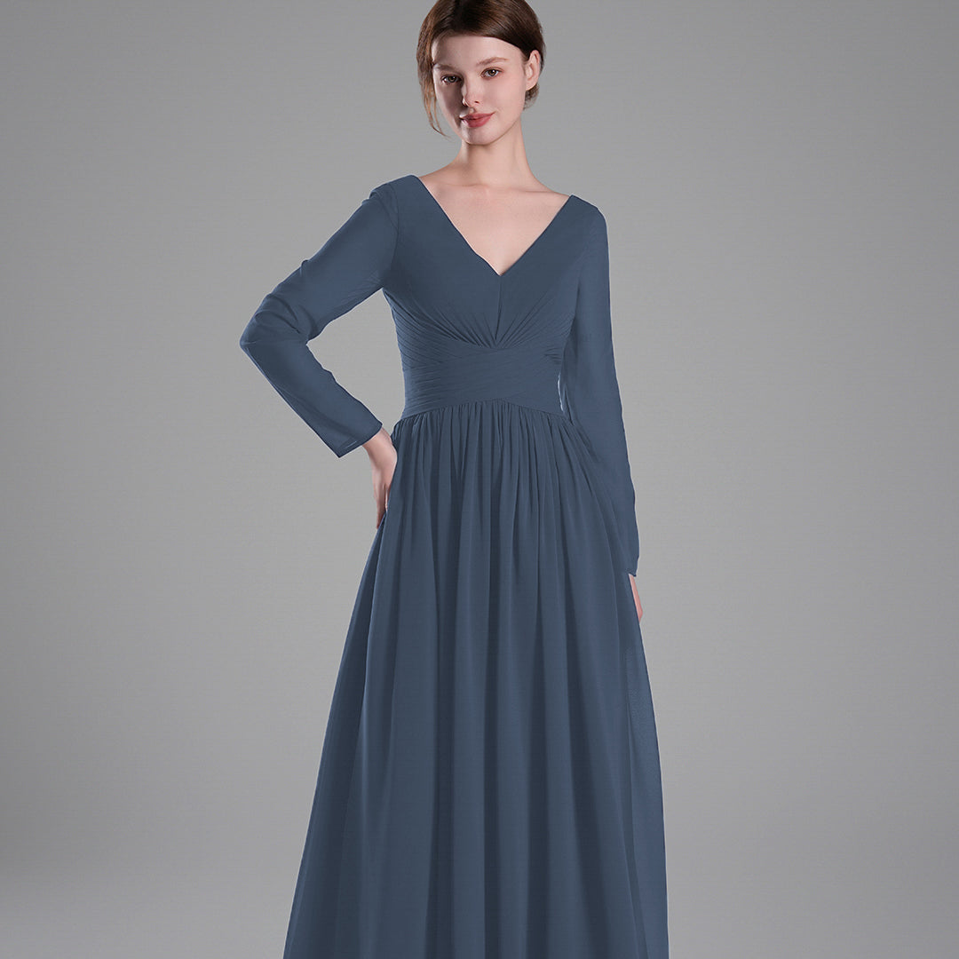 Long Sleeves V-Neck Backless Pleated Dresses