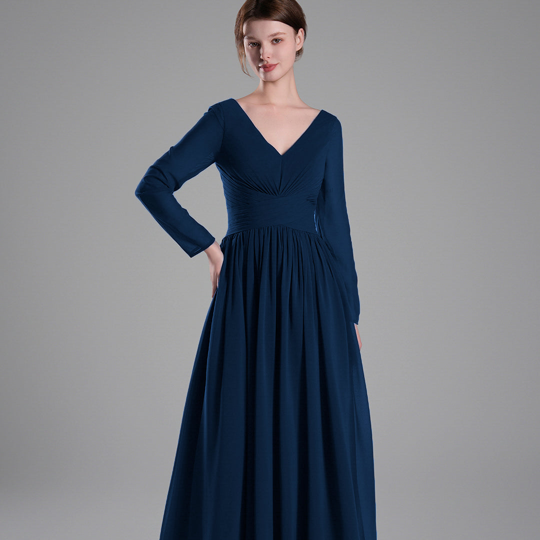 Long Sleeves V-Neck Backless Pleated Dresses