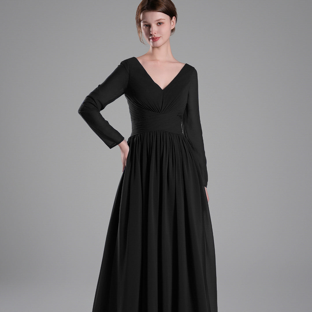 Long Sleeves V-Neck Backless Pleated Dresses