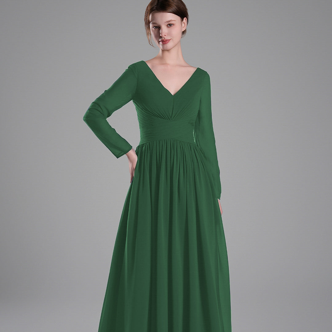 Long Sleeves V-Neck Backless Pleated Dresses
