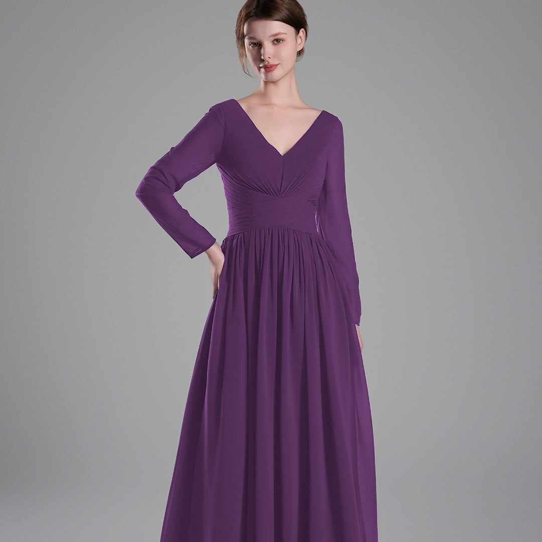 Long Sleeves V-Neck Backless Pleated Dresses