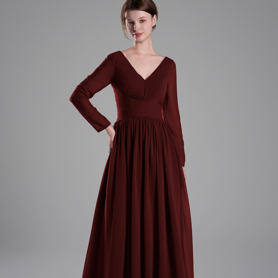 Long Sleeves V-Neck Backless Pleated Dresses