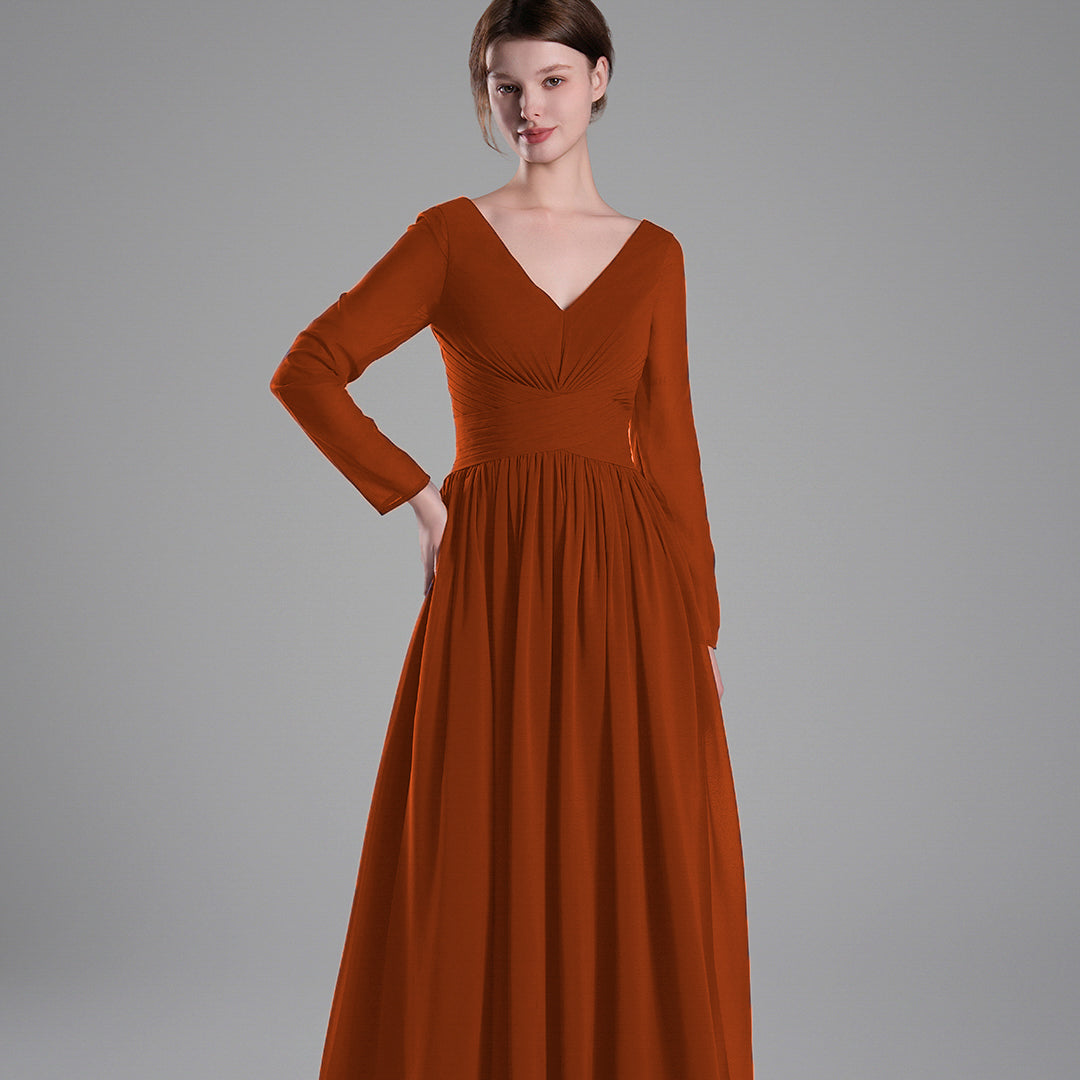 Long Sleeves V-Neck Backless Pleated Dresses