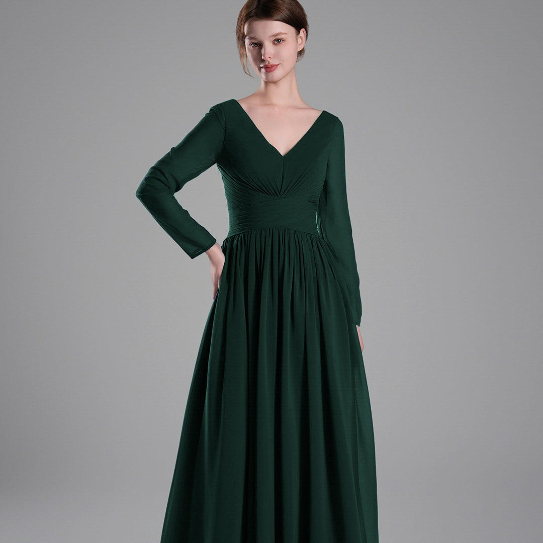 Long Sleeves V-Neck Backless Pleated Dresses