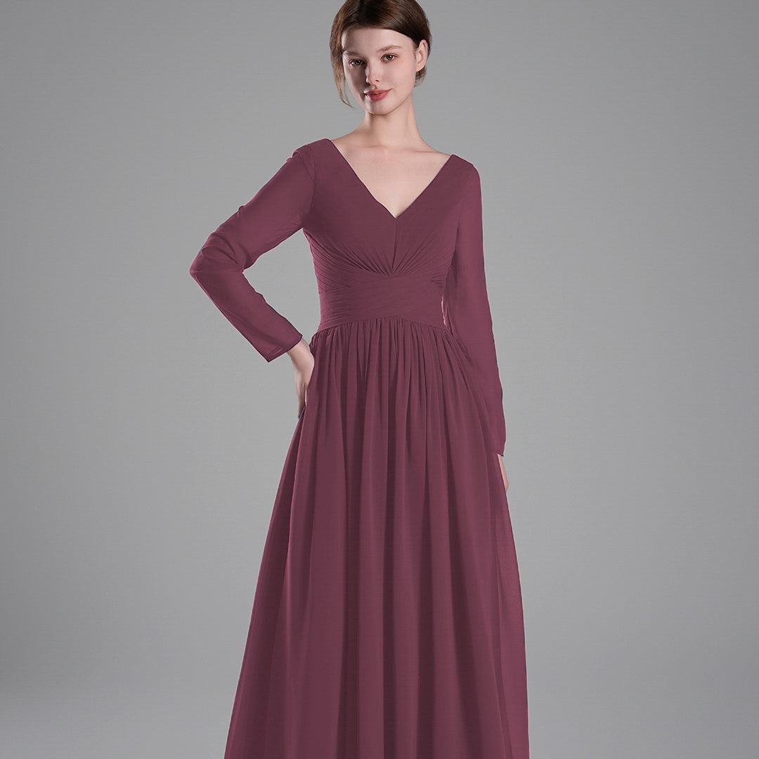 Long Sleeves V-Neck Backless Pleated Dresses