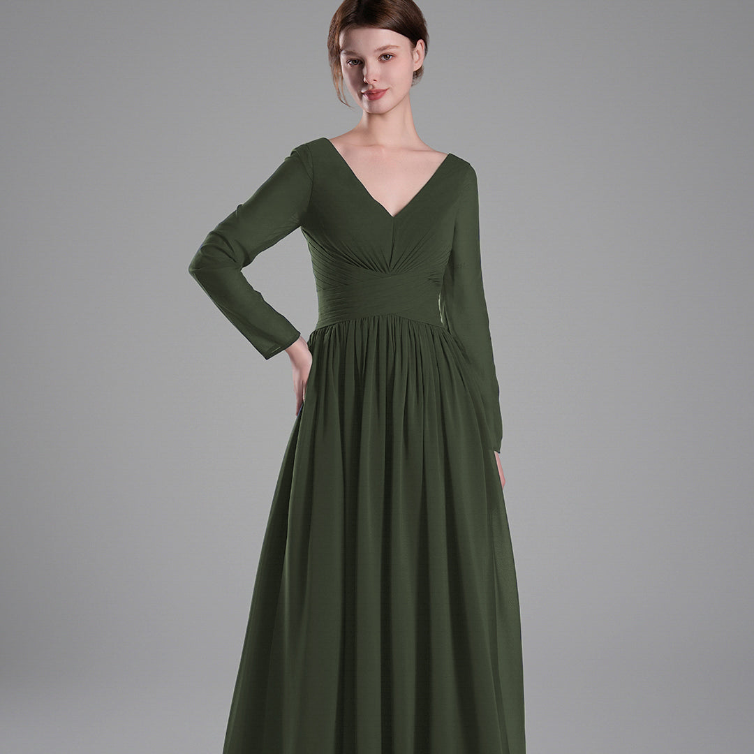 Long Sleeves V-Neck Backless Pleated Dresses