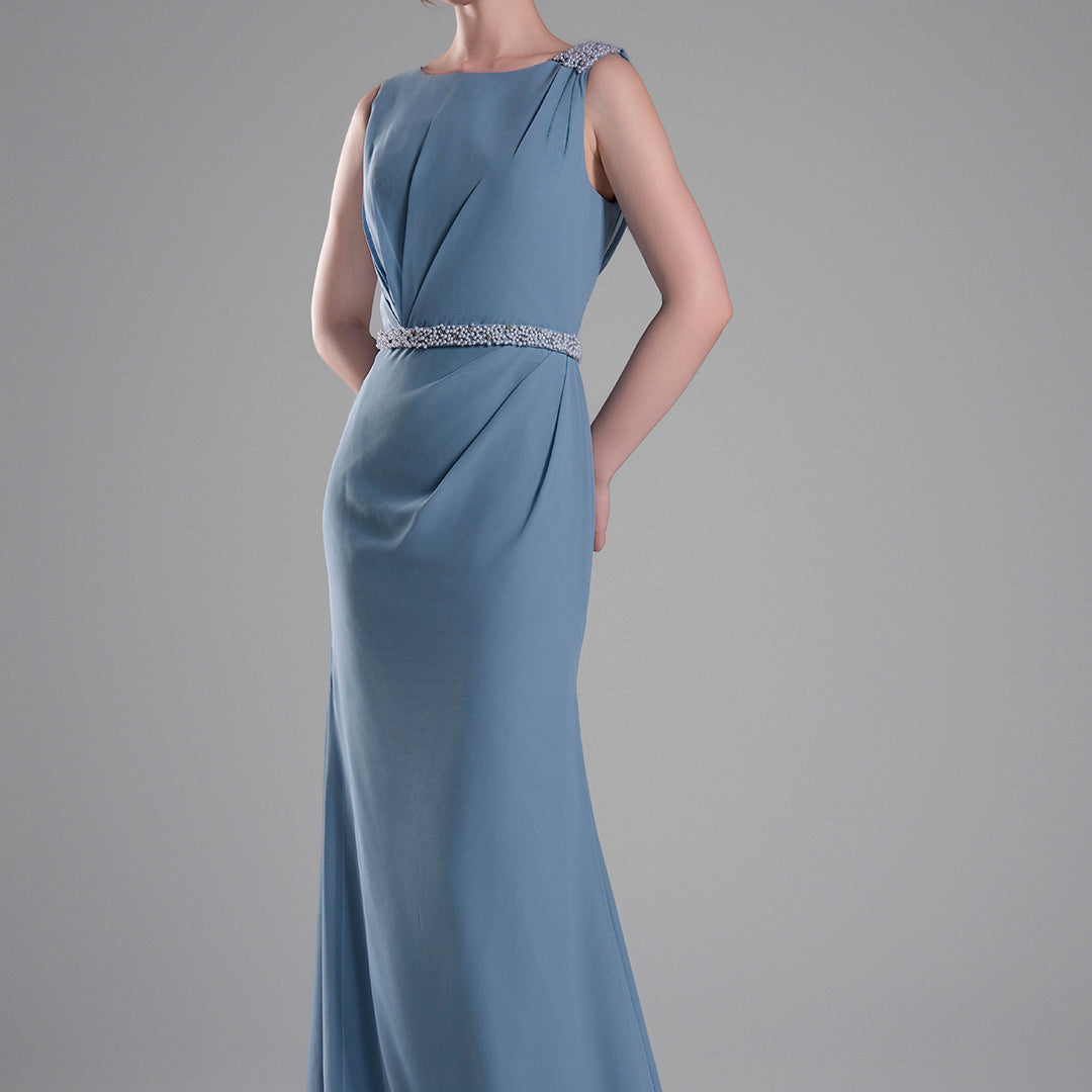 Boat Neck Embellished Draped Back Dresses