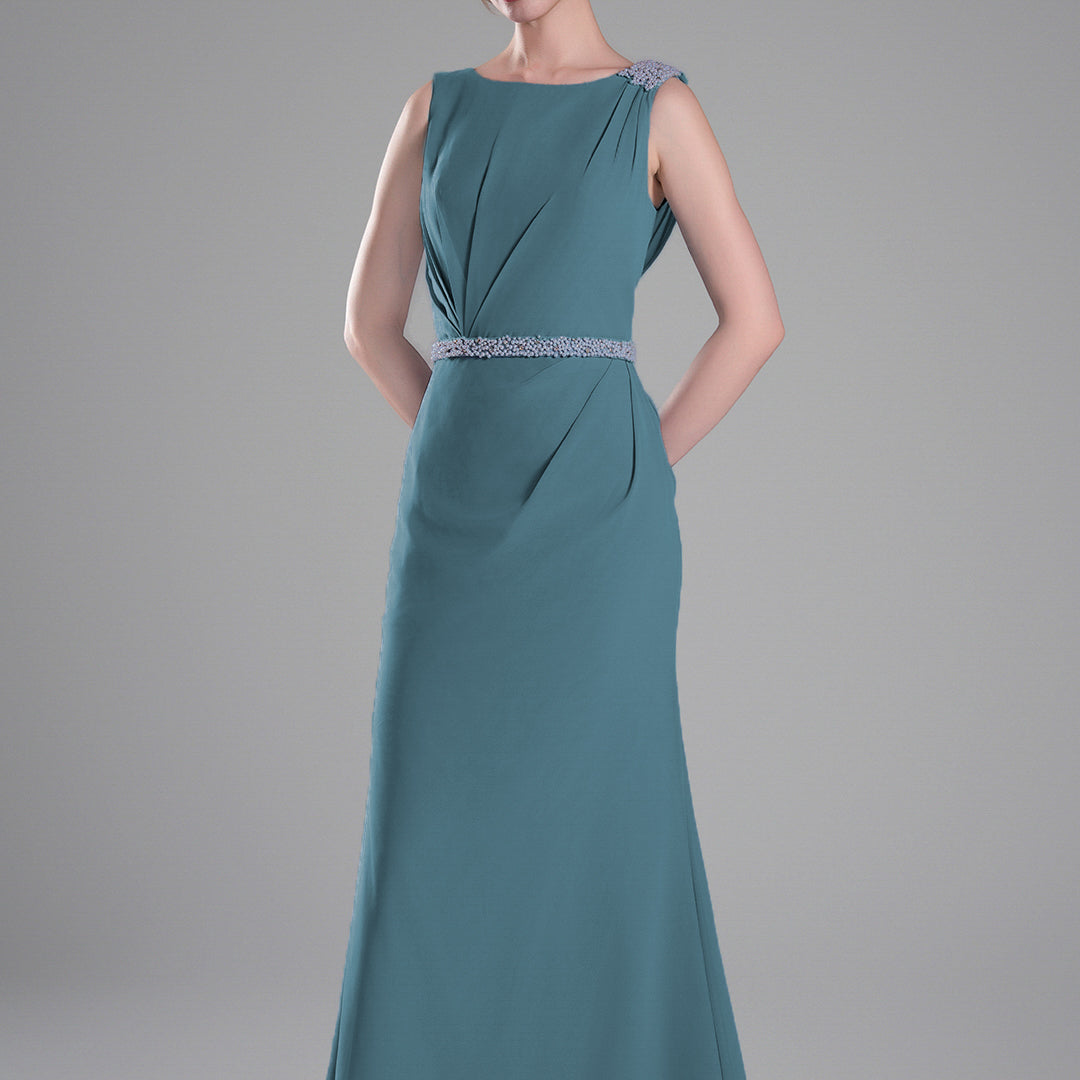 Boat Neck Embellished Draped Back Dresses