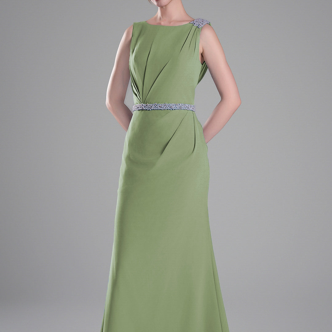 Boat Neck Embellished Draped Back Dresses