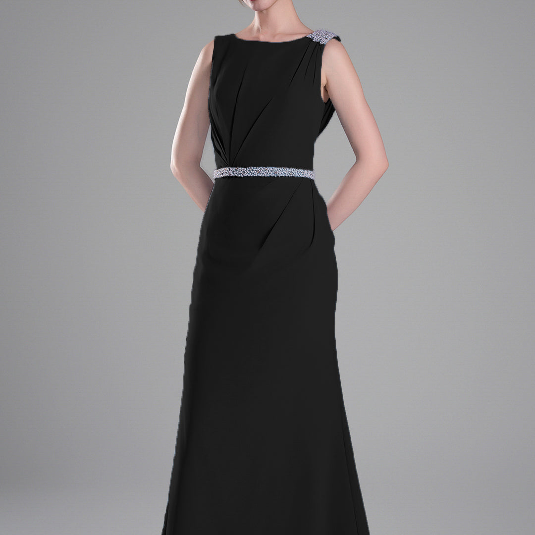 Boat Neck Embellished Draped Back Dresses