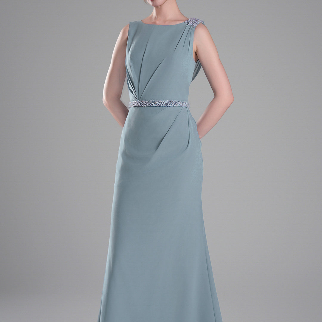 Boat Neck Embellished Draped Back Dresses