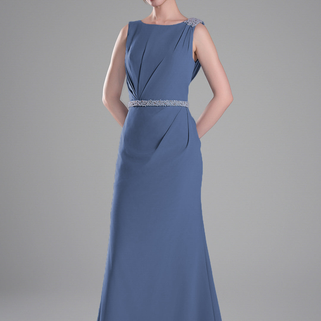 Boat Neck Embellished Draped Back Dresses