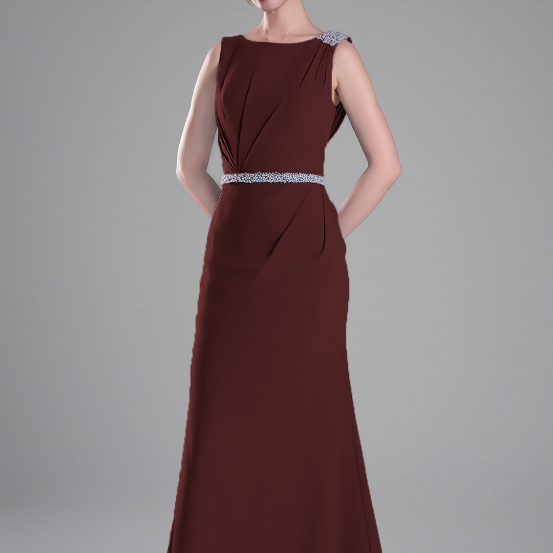 Boat Neck Embellished Draped Back Dresses