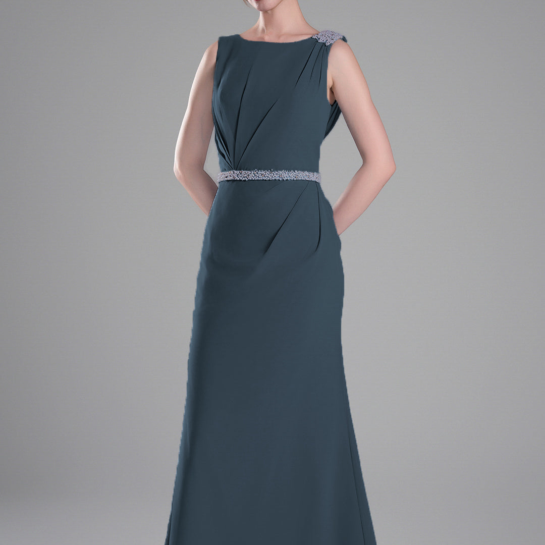 Boat Neck Embellished Draped Back Dresses