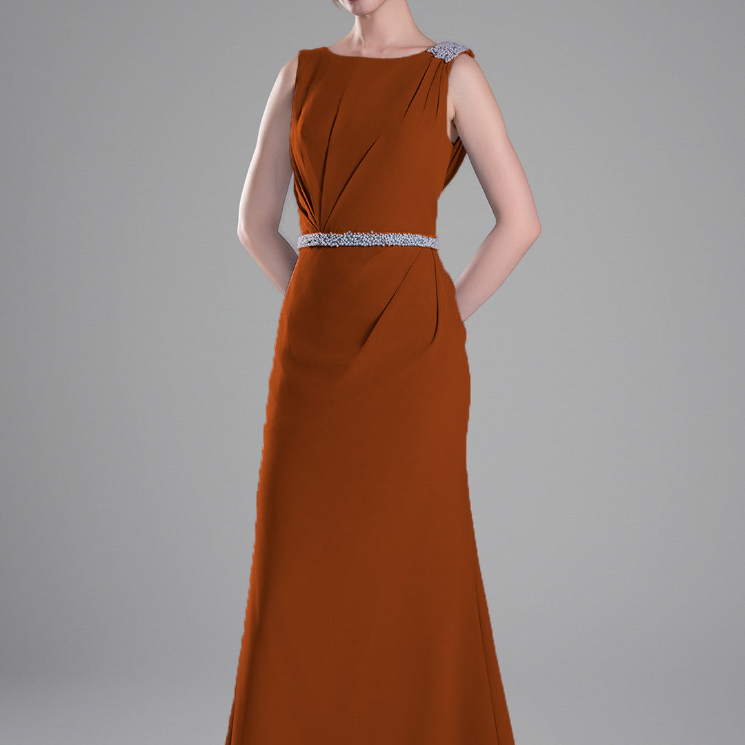 Boat Neck Embellished Draped Back Dresses